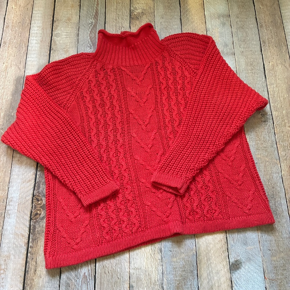 Vintage Forenza Bright Cherry Red Cable Knit Sweater Small Ramie Cotton Mockneck